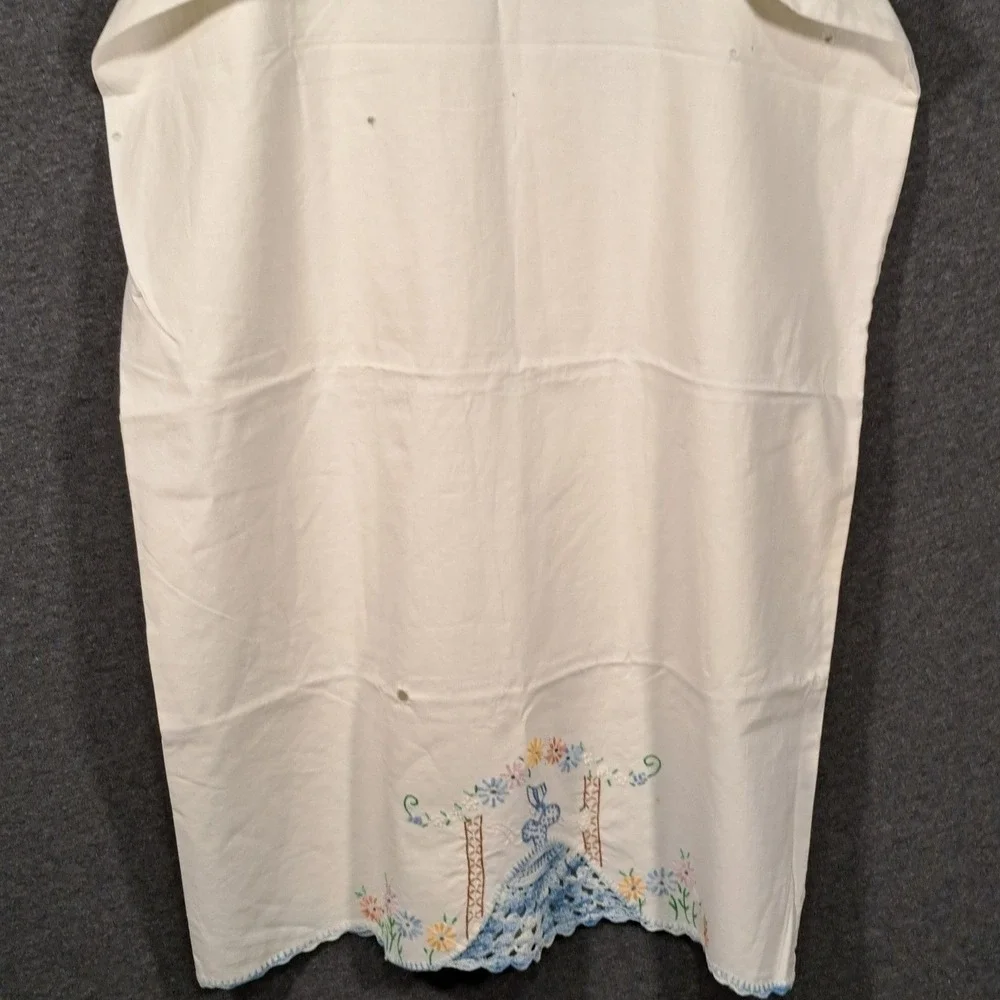 Vintage Handmade White Linen Apron Blue Crochet Crinoline Lady Hand Embroidered